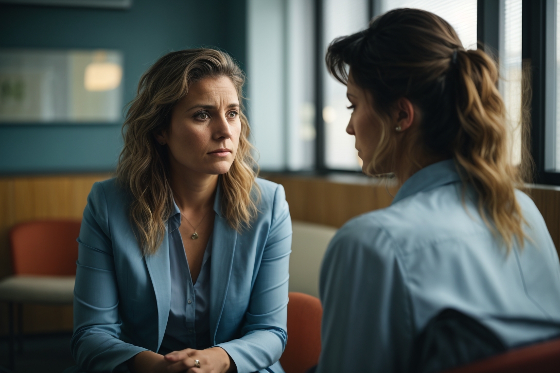 PhotoReal_a_30_year_old_normal_looking_woman_sitting_talking_t_0