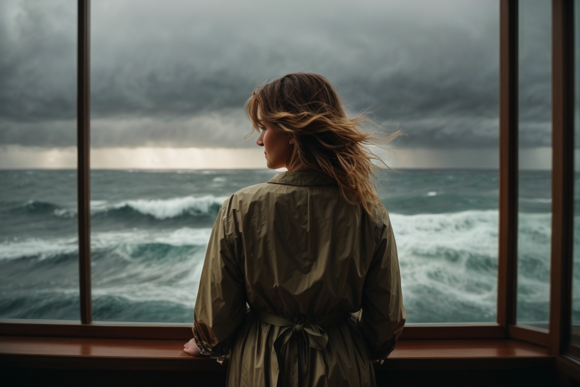 PhotoReal_a_middleaged_woman_seen_from_behind_looking_out_the_0